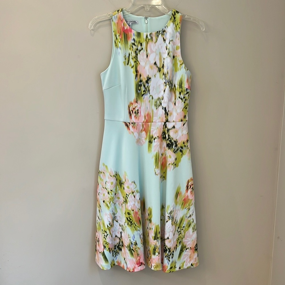 Maggy London dress size 4 lined mint green floral pattern sleeveless summer